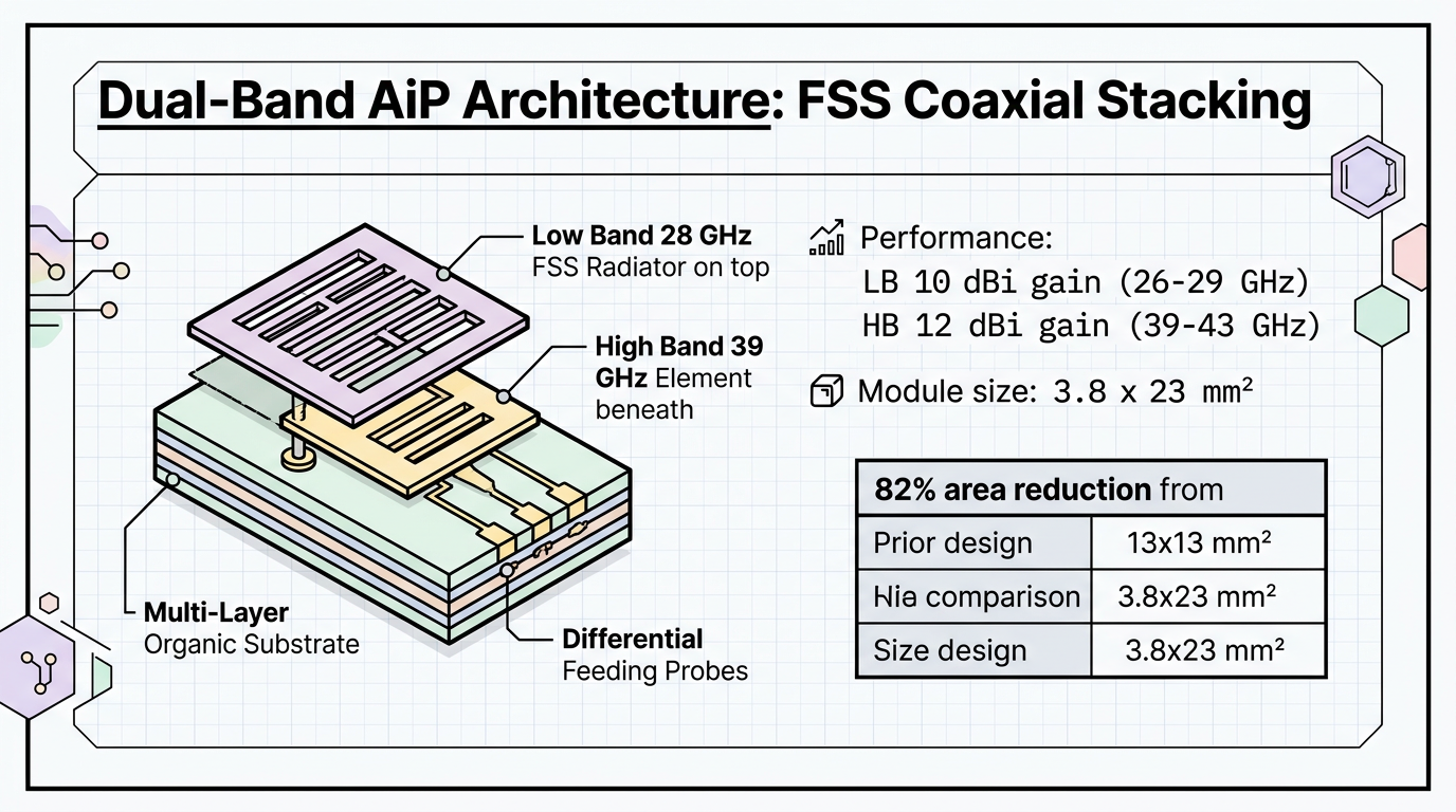 ASE AiP dual-band FSS coaxial stacking architecture — 28 GHz and 39 GHz elements in 3.8×23 mm² module