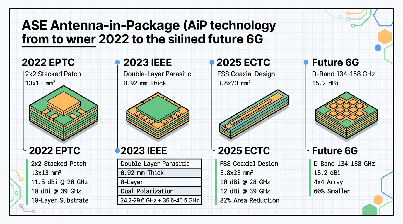 ASE AiP technology evolution — from 2022 stacked patch to 2025 FSS coaxial design to future 6G D-band
