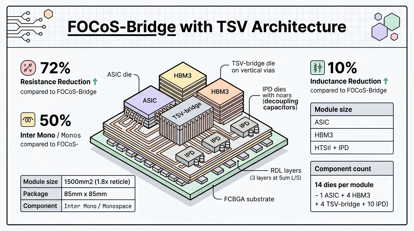 FOCoS-Bridge with TSV architecture cross-section showing ASIC, HBM3, TSV-bridge dies, and IPD integration