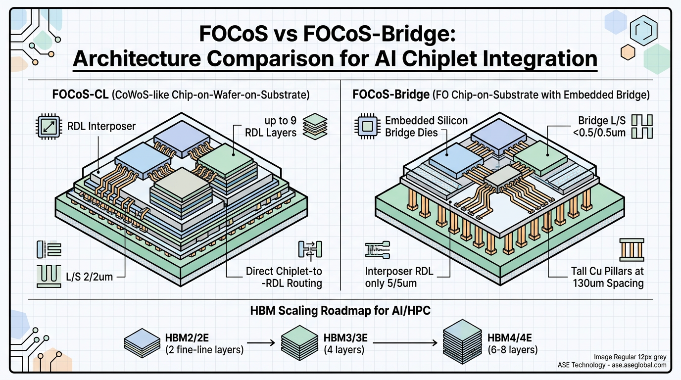 FOCoS vs FOCoS-Bridge: Architecture Comparison for AI Chiplet Integration